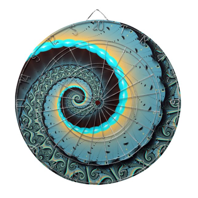 Abstract Blue Turquoise Orange Fractal Art Spiral Dartboard (Front)
