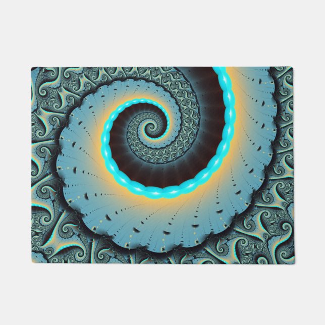 Abstract Blue Turquoise Orange Fractal Art Spiral Doormat (Front)