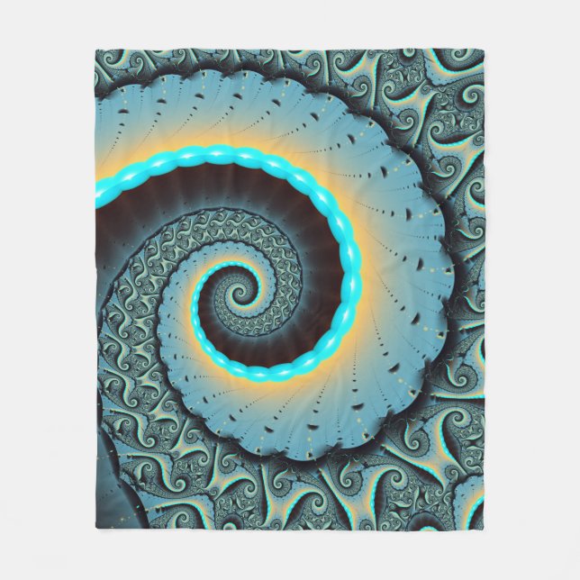 Abstract Blue Turquoise Orange Fractal Art Spiral Fleece Blanket (Front)