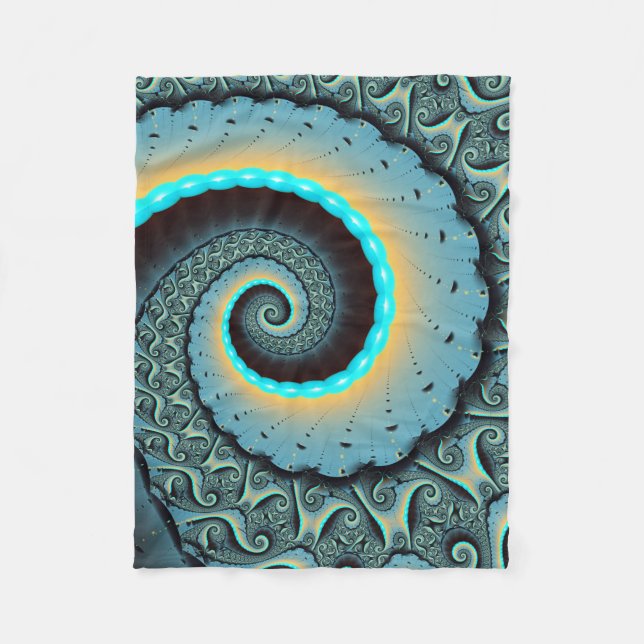 Abstract Blue Turquoise Orange Fractal Art Spiral Fleece Blanket (Front)