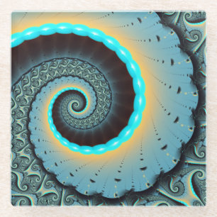 Abstract Blue Turquoise Orange Fractal Art Spiral Glass Coaster