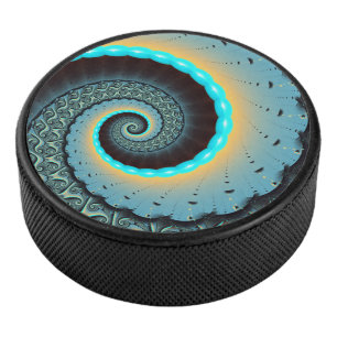 Abstract Blue Turquoise Orange Fractal Art Spiral Hockey Puck