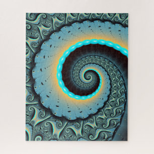 Abstract Blue Turquoise Orange Fractal Art Spiral Jigsaw Puzzle