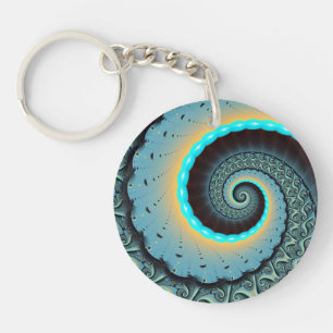 Abstract Blue Turquoise Orange Fractal Art Spiral Key Ring