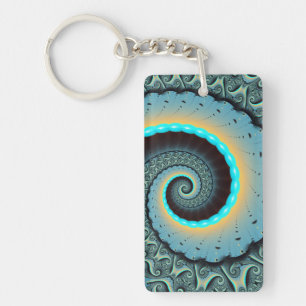 Abstract Blue Turquoise Orange Fractal Art Spiral Key Ring
