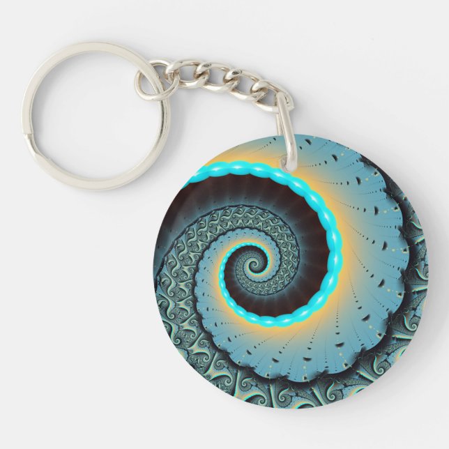 Abstract Blue Turquoise Orange Fractal Art Spiral Key Ring (Front)