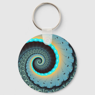 Abstract Blue Turquoise Orange Fractal Art Spiral Key Ring