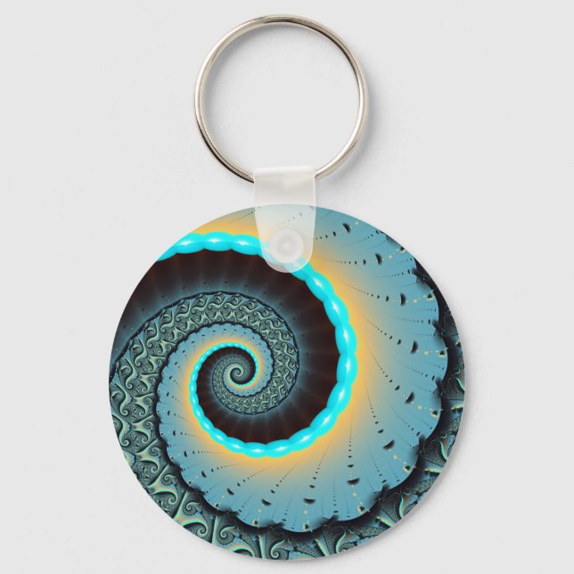 Abstract Blue Turquoise Orange Fractal Art Spiral Key Ring (Front)