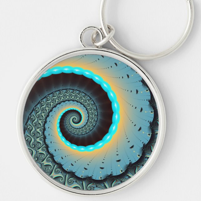 Abstract Blue Turquoise Orange Fractal Art Spiral Key Ring (Front)