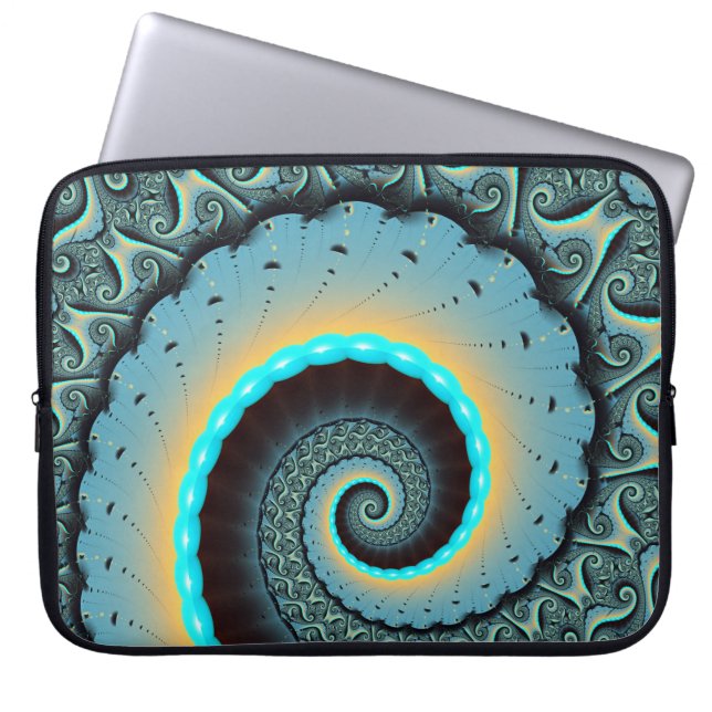Abstract Blue Turquoise Orange Fractal Art Spiral Laptop Sleeve (Front)