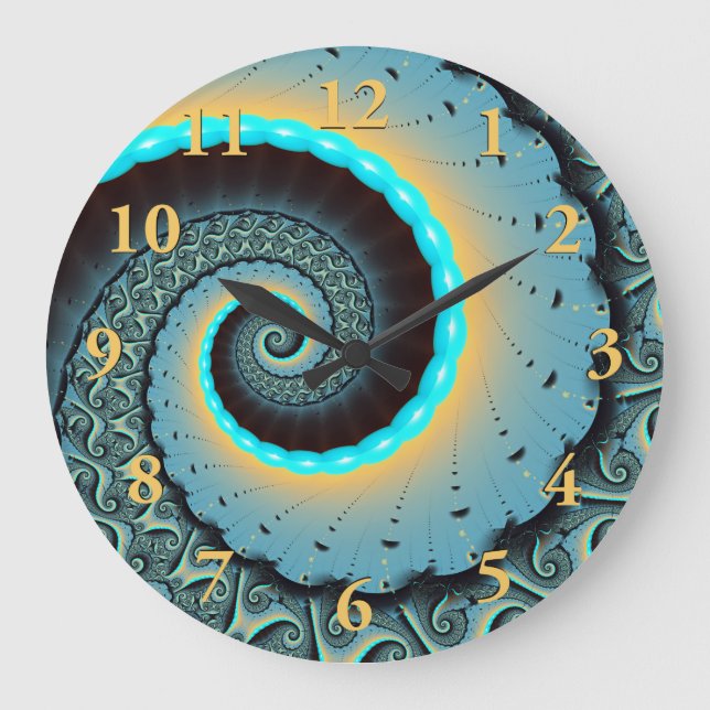 Abstract Blue Turquoise Orange Fractal Art Spiral Large Clock (Front)