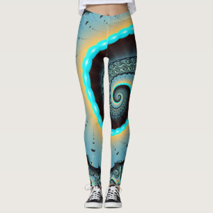 Abstract Blue Turquoise Orange Fractal Art Spiral Leggings