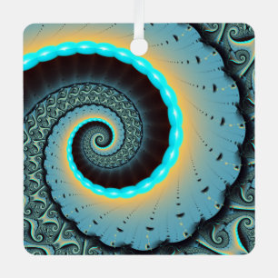 Abstract Blue Turquoise Orange Fractal Art Spiral Metal Tree Decoration