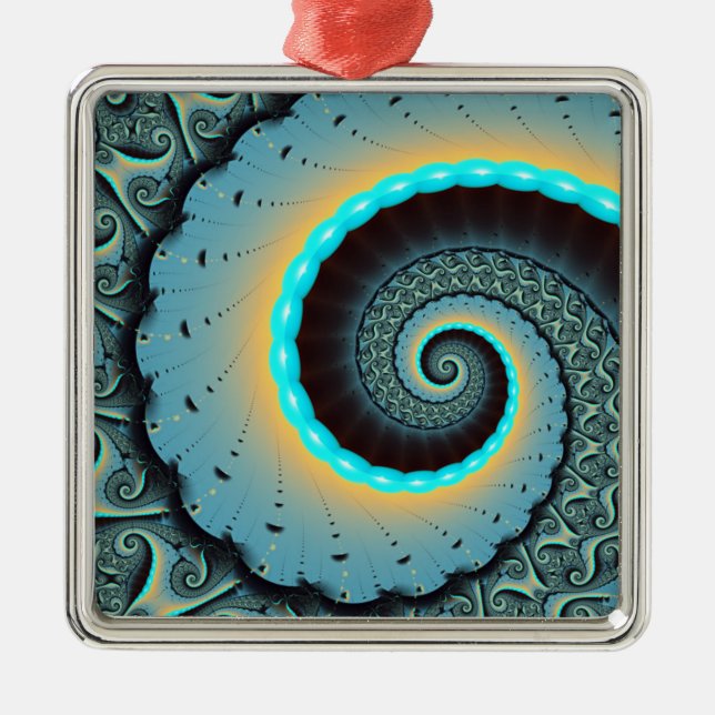 Abstract Blue Turquoise Orange Fractal Art Spiral Metal Tree Decoration (Front)