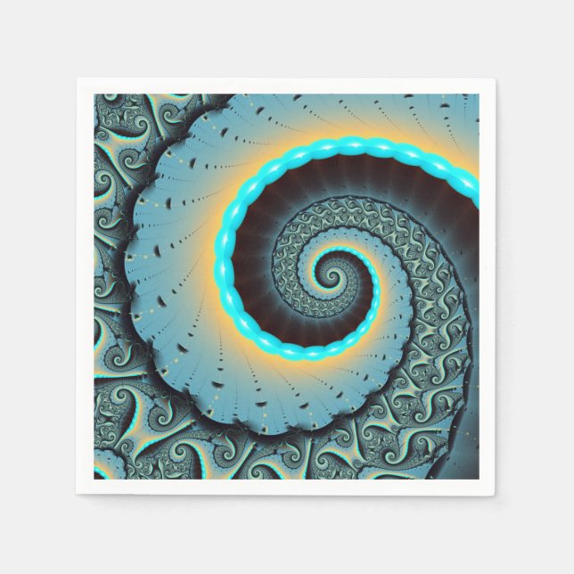 Abstract Blue Turquoise Orange Fractal Art Spiral Napkin (Front)