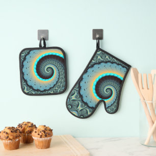 Abstract Blue Turquoise Orange Fractal Art Spiral Oven Mitt & Pot Holder Set