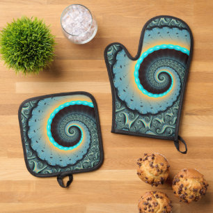 Abstract Blue Turquoise Orange Fractal Art Spiral Oven Mitt & Pot Holder Set
