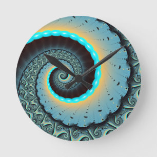 Abstract Blue Turquoise Orange Fractal Art Spiral Round Clock