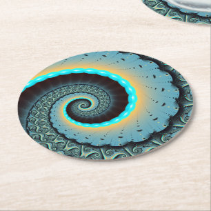Abstract Blue Turquoise Orange Fractal Art Spiral Round Paper Coaster