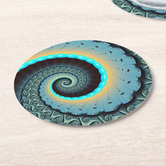 Abstract Blue Turquoise Orange Fractal Art Spiral Round Paper Coaster (Angled)