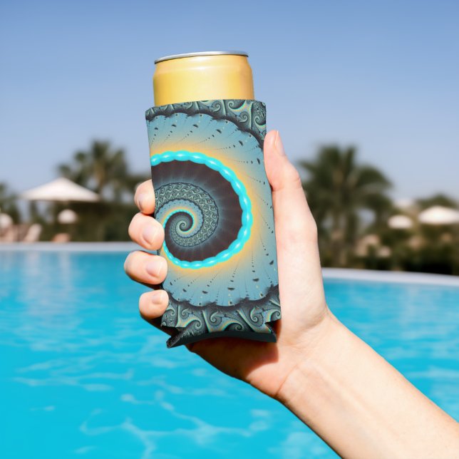 Abstract Blue Turquoise Orange Fractal Art Spiral Seltzer Can Cooler (In Situ Pool)
