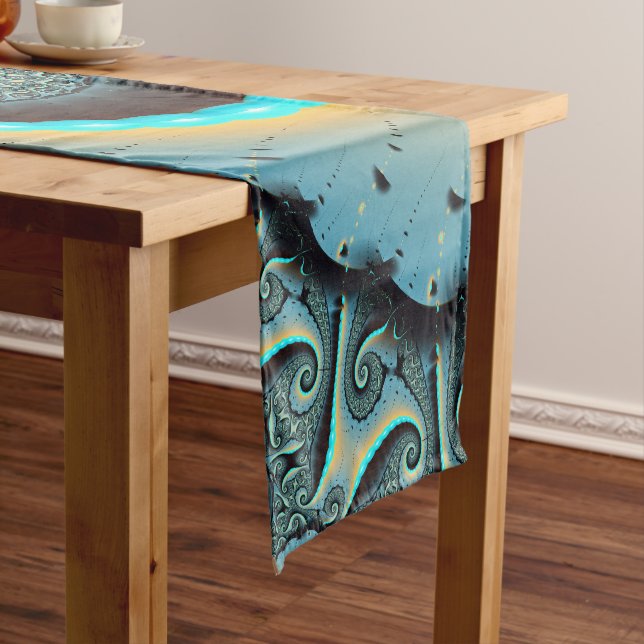 Abstract Blue Turquoise Orange Fractal Art Spiral Short Table Runner (In Situ)