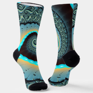 Abstract Blue Turquoise Orange Fractal Art Spiral Socks