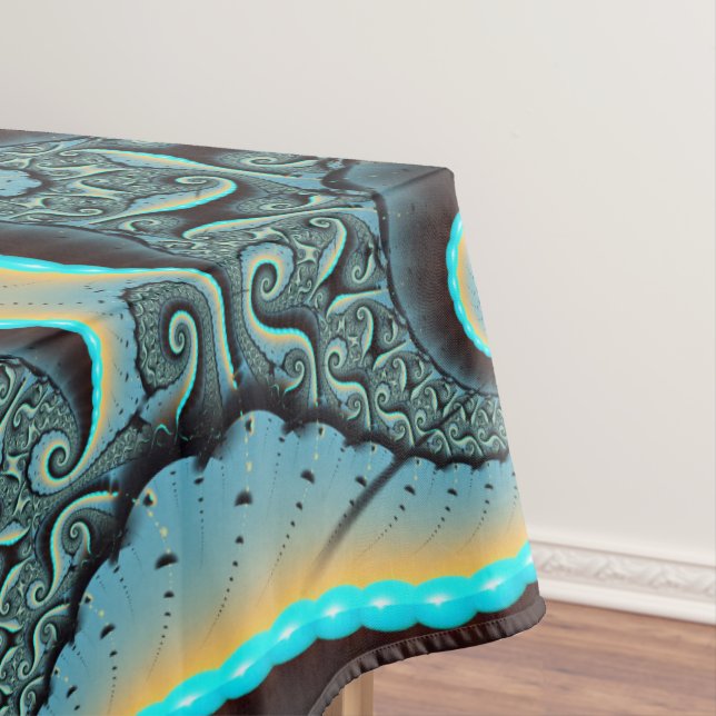 Abstract Blue Turquoise Orange Fractal Art Spiral Tablecloth (In Situ)