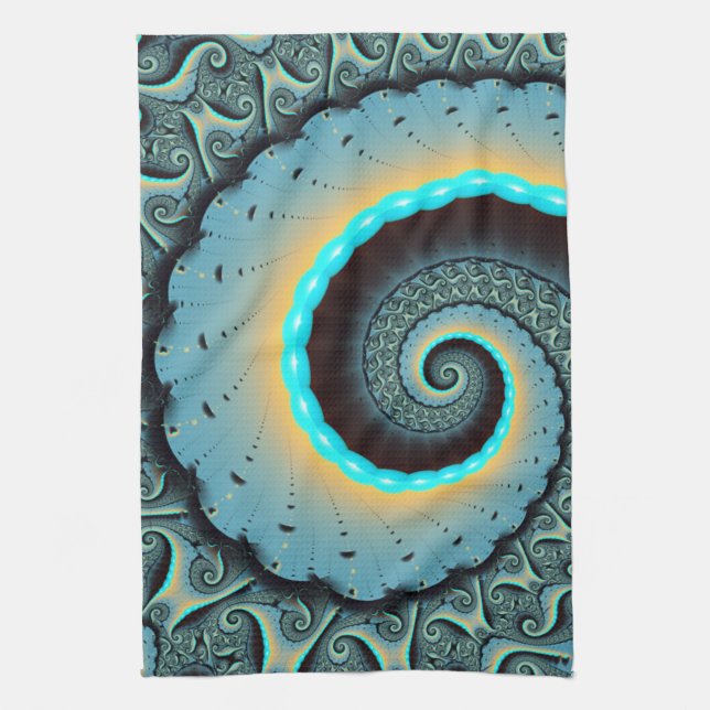Abstract Blue Turquoise Orange Fractal Art Spiral Tea Towel (Vertical)