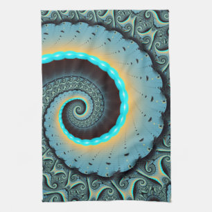 Abstract Blue Turquoise Orange Fractal Art Spiral Tea Towel
