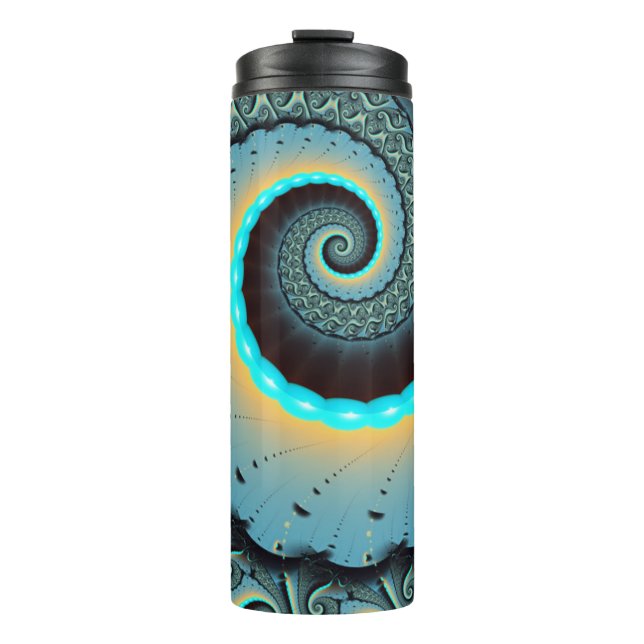 Abstract Blue Turquoise Orange Fractal Art Spiral Thermal Tumbler (Front)