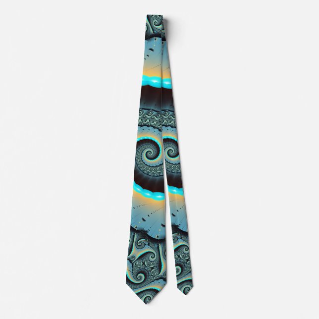 Abstract Blue Turquoise Orange Fractal Art Spiral Tie (Front)