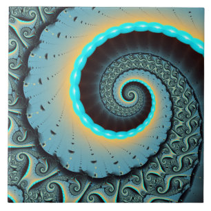 Abstract Blue Turquoise Orange Fractal Art Spiral Tile