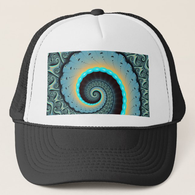 Abstract Blue Turquoise Orange Fractal Art Spiral Trucker Hat (Front)