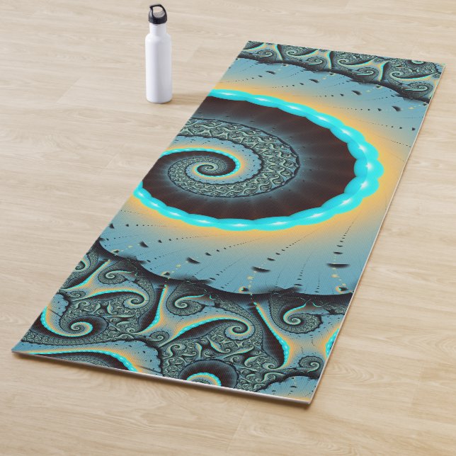 Abstract Blue Turquoise Orange Fractal Art Spiral Yoga Mat (In Situ)