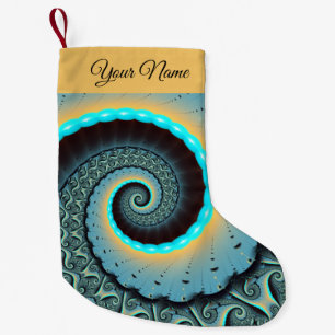 Abstract Blue Turquoise Orange Fractal Spiral Name Small Christmas Stocking