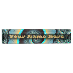 Abstract Blue Turquoise Orange Fractal Spiral Text Nameplate