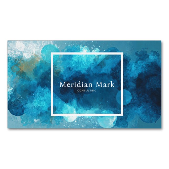 Abstract Blue Watercolor Gold Splatter Modern Magnetic Business Card (Front)