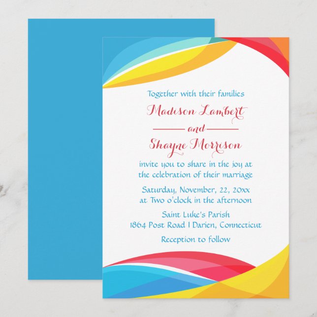 Abstract Blue Wedding Rainbow Wave Red & Yellow Invitation (Front/Back)