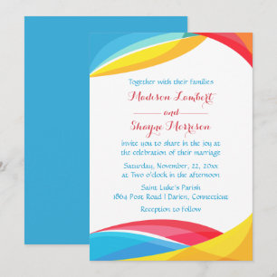 Abstract Blue Wedding Rainbow Wave Red & Yellow Invitation