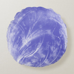 Abstract Blue White Dandelions and fireflies Round Cushion