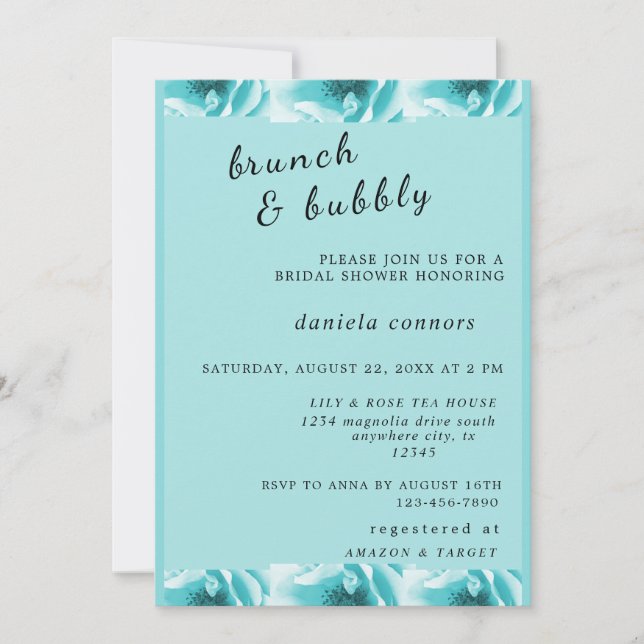 Abstract Blue & White Florals Brunch & Bubbly  Invitation (Front)