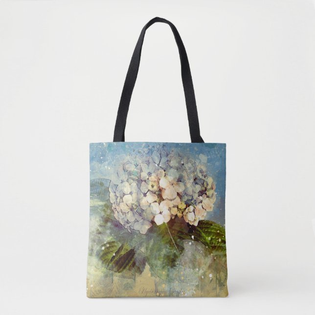 Abstract Blue, White Hydrangea Floral Watercolor Tote Bag (Front)