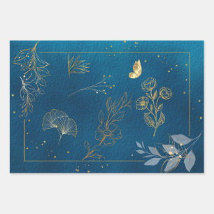 Abstract Blue with Golden Stars, Plants, Flowers  Wrapping Paper Sheet
