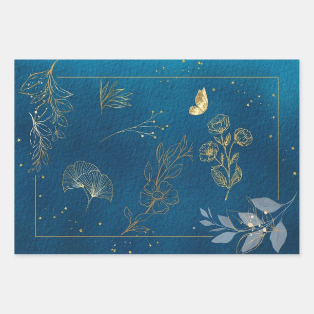 Abstract Blue with Golden Stars, Plants, Flowers  Wrapping Paper Sheet (Front)