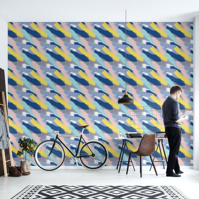 Abstract Blue Yellow Pink Turquoise Wallpaper (Living Room)