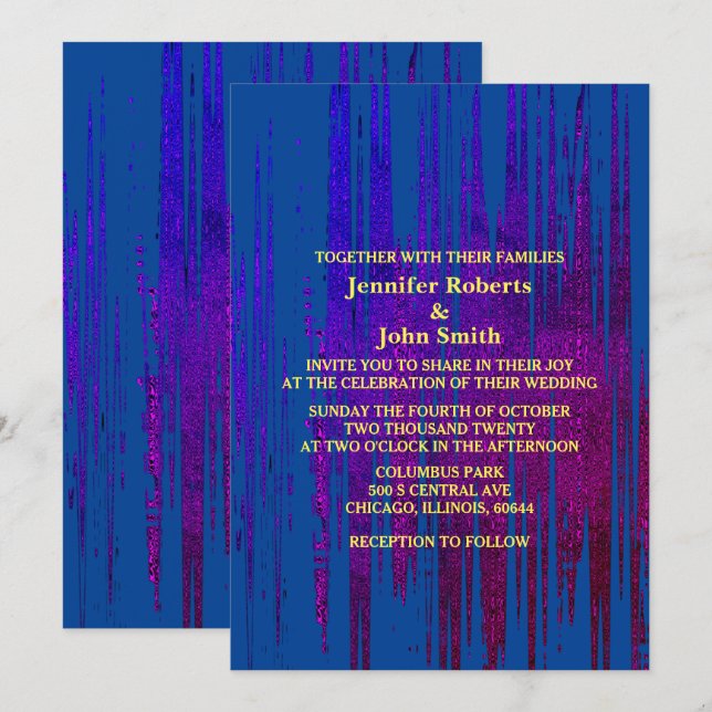 Abstract Blue Yellow Purple Artsy Elegant Wedding Invitation (Front/Back)