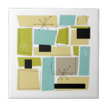 Abstract Blue Yellow Squares Mid Century Tile<br><div class="desc">This funky mid-century modern ceramic tile features aqua blue,  avocado green,  yellow,  and tan abstract rectangles,  along with highlights of black and white starbursts. Add a pop of retro fun to your home decor!</div>