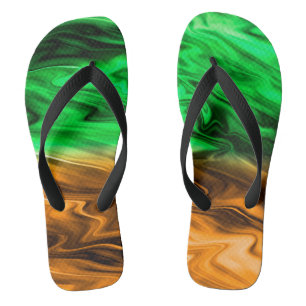 Abstract blurry spotted pattern in orange green  flip flops