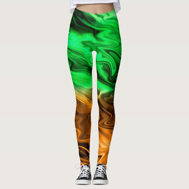 Abstract blurry spotted pattern in orange green leggings (Front)